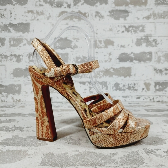 Sam Edelman Taryn Snakeskin Brown Tan High Heel Platform Sandals T703 - Picture 5 of 13